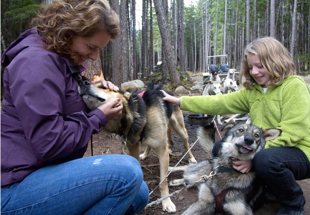 family cuddling with sled dogs